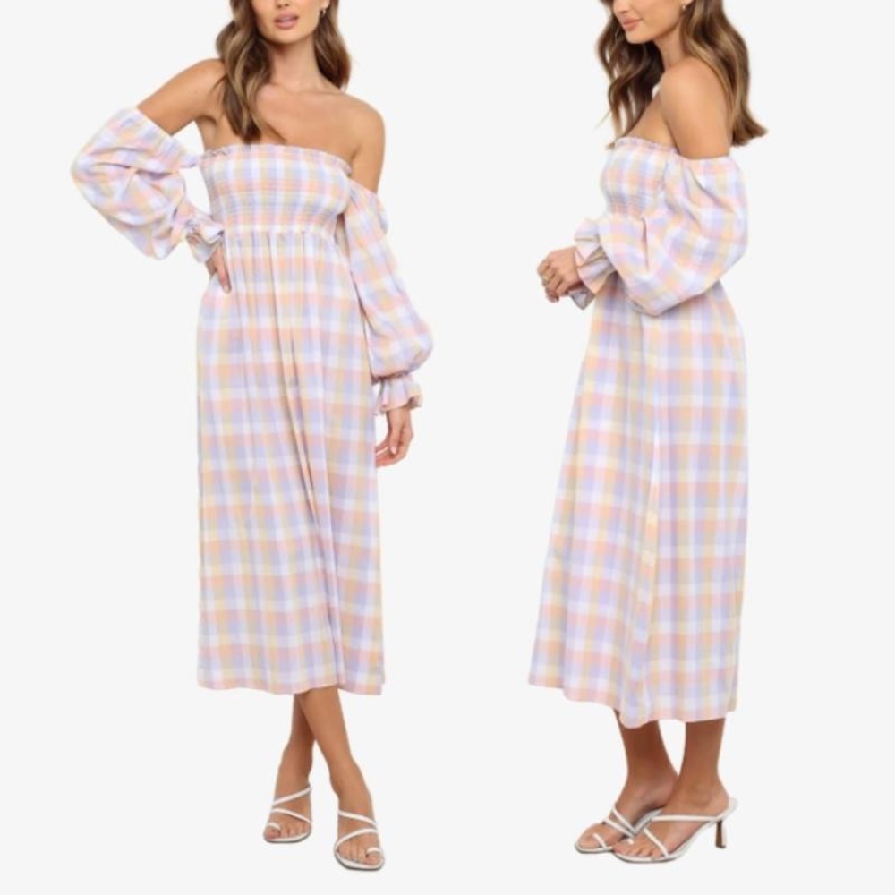 Petal & Pup Pastel Plaid Off-Shoulder Midi Dress